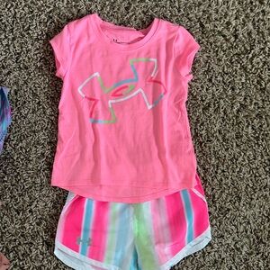 Under Armour Neon Pink Tee and Rainbow Striped Shorts